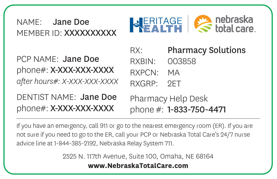 Heritage Health Nebraska Total Care member ID card
