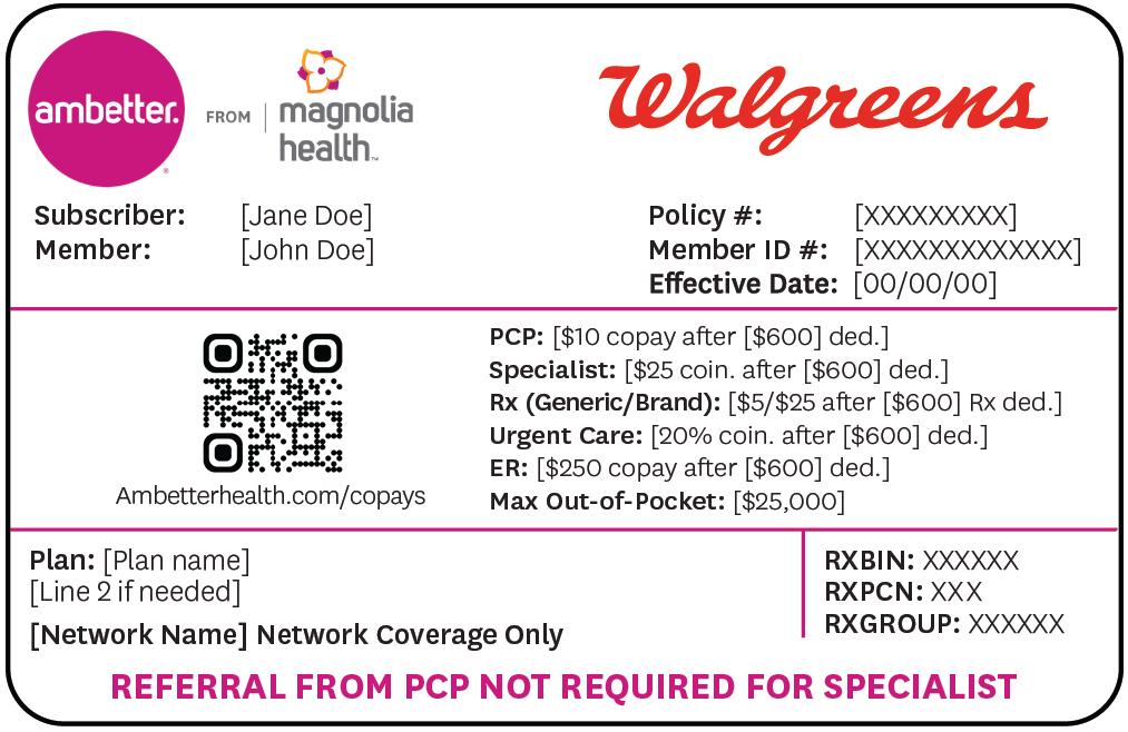 Ambetter from Magnolia Health member card with dual logos, Walgreens logo, QR code, and sample member information