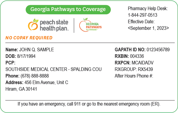 Georgia Pathways to Coverage from Peach State sample member ID card